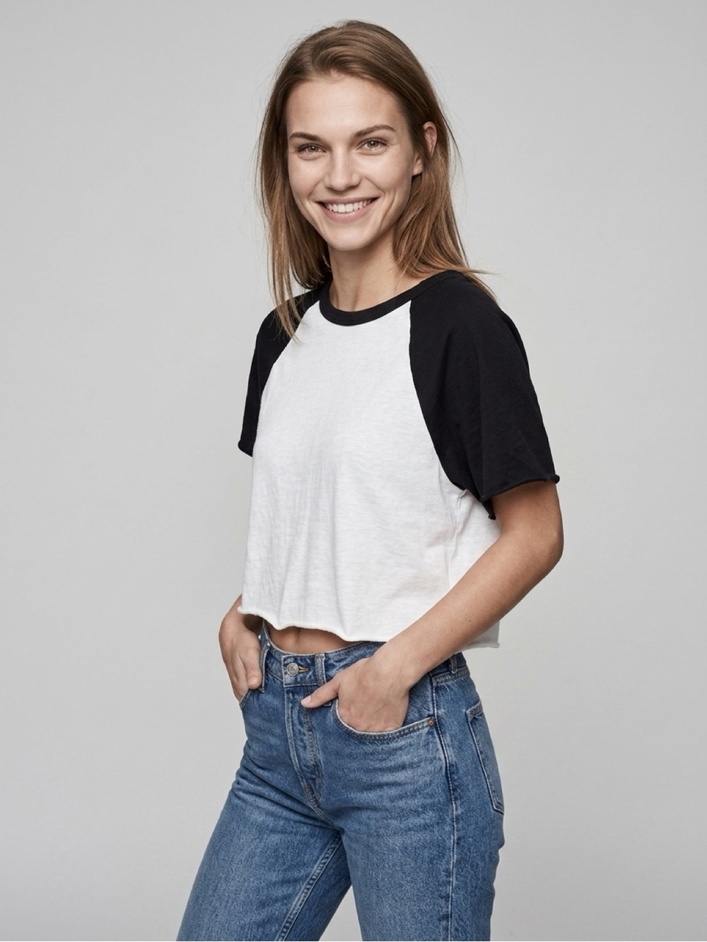 aerie White Crop Tee with Black Raglan Sleeves